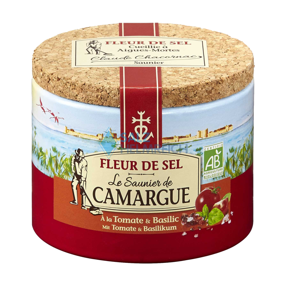 Fleur De Sel Gewürzmischung mit Tomate und Basilikum 125 Gramm Dose aus der Camargue mit Korkdeckel