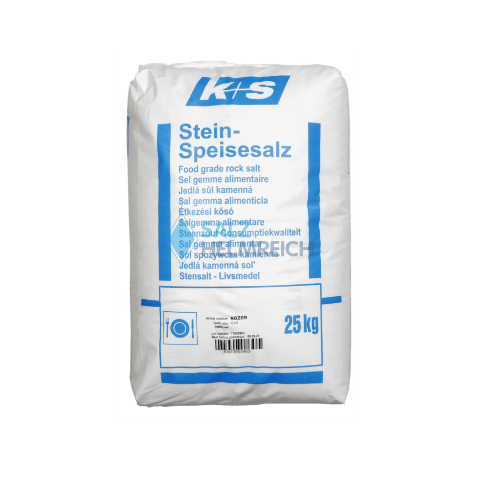 Stein-Speisesalz grob 0,8-2,3 mm im 25 kg Sack Stein-Speisesalz grob 0,8-2,3 mm im 25 kg Sack